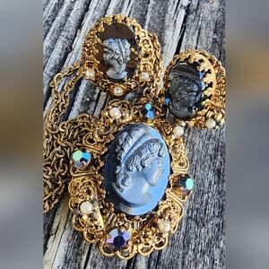 West German Vintage Black Cameo Necklace & Earrings